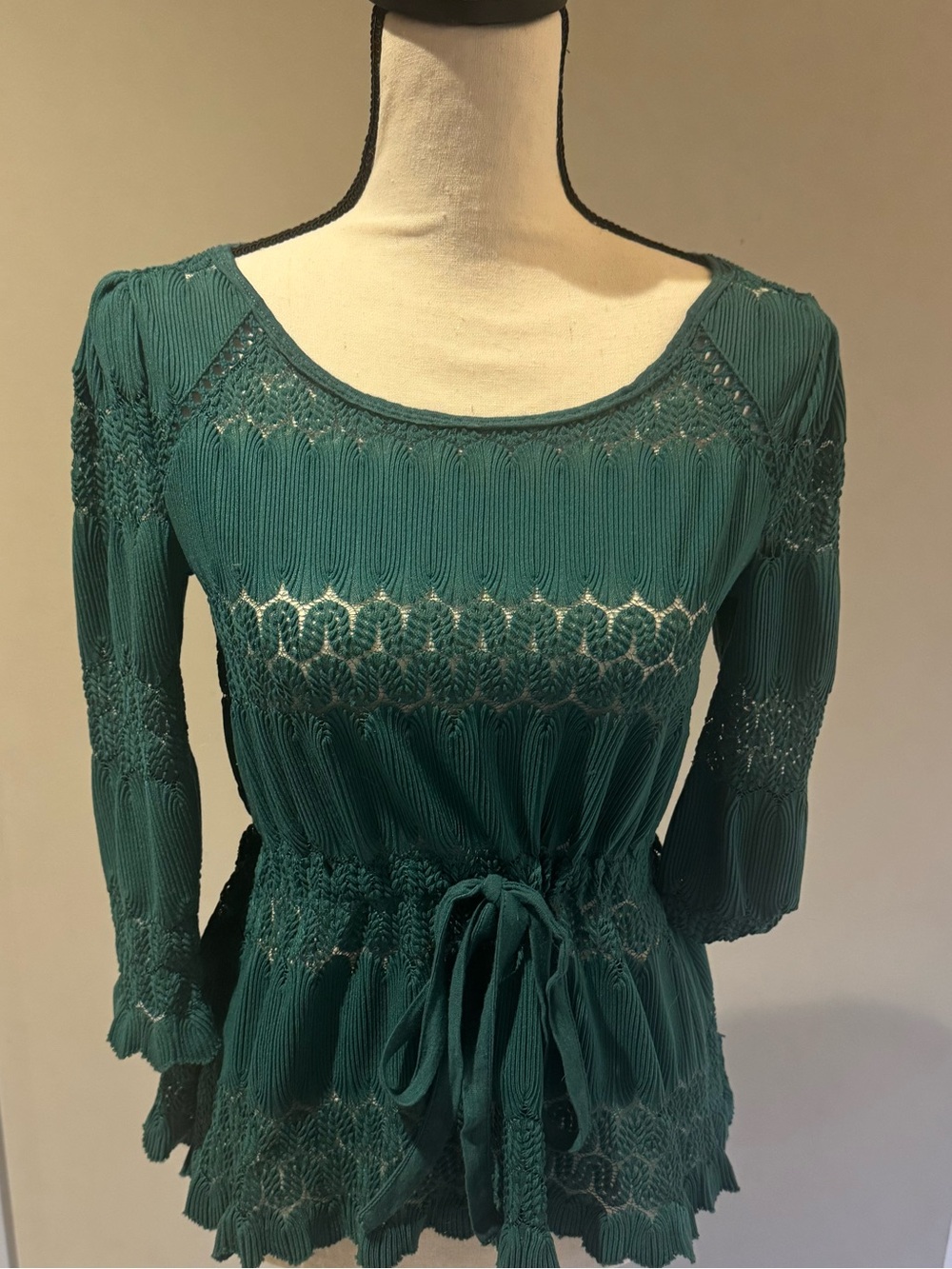 Free People Teal Crochet-Pleat Peasant Blouse